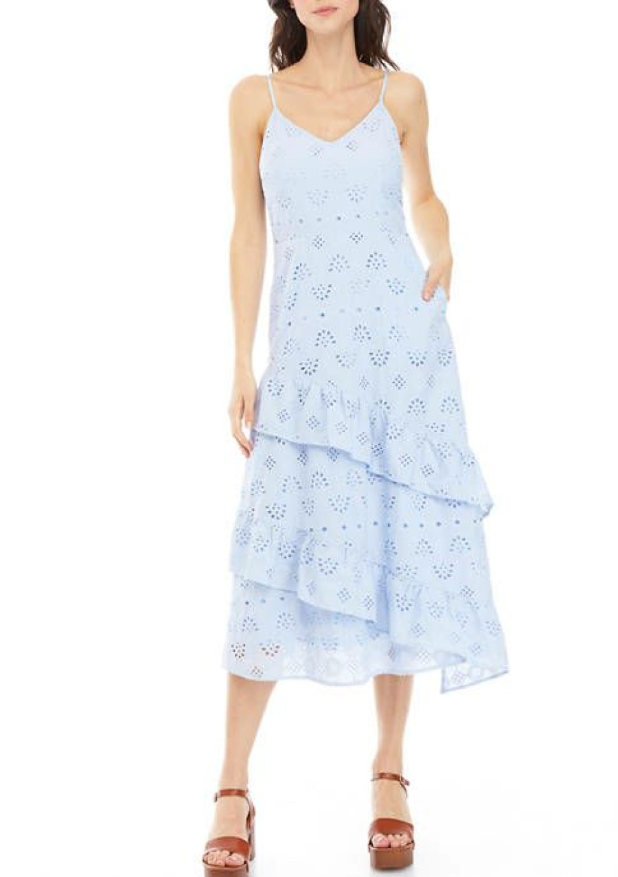 Jeans * | Best Pirce Sam Edelman Women'S Strappy Eyelet Floral Tiered Dress Powder Blue