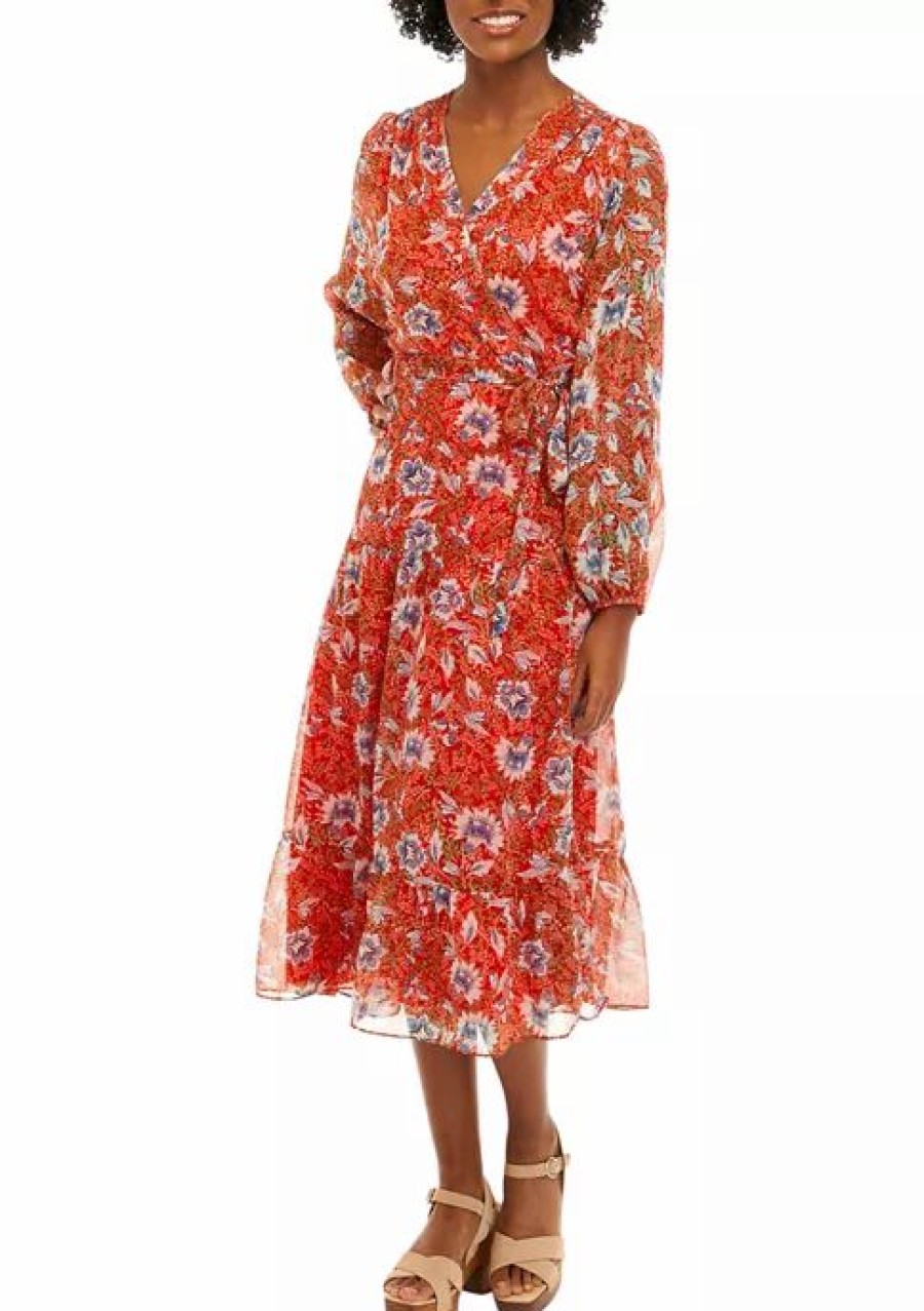 Jeans * | Best Pirce Sam Edelman Women'S Long Sleeve Surplice Print Midi Dress Red Multi