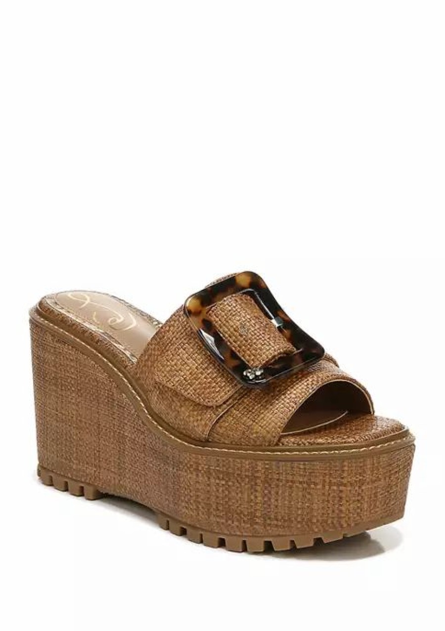 Shoes * | Cheapest Sam Edelman Livi Buckle Wedge Sandals Cuoio