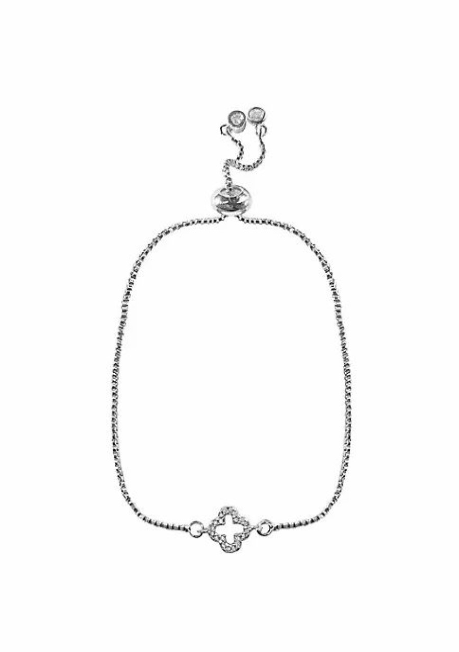 Jewelry * | Best Pirce Adornia Open Quatrefoil Clover Pull Bracelet White Rhodium Brass Silver