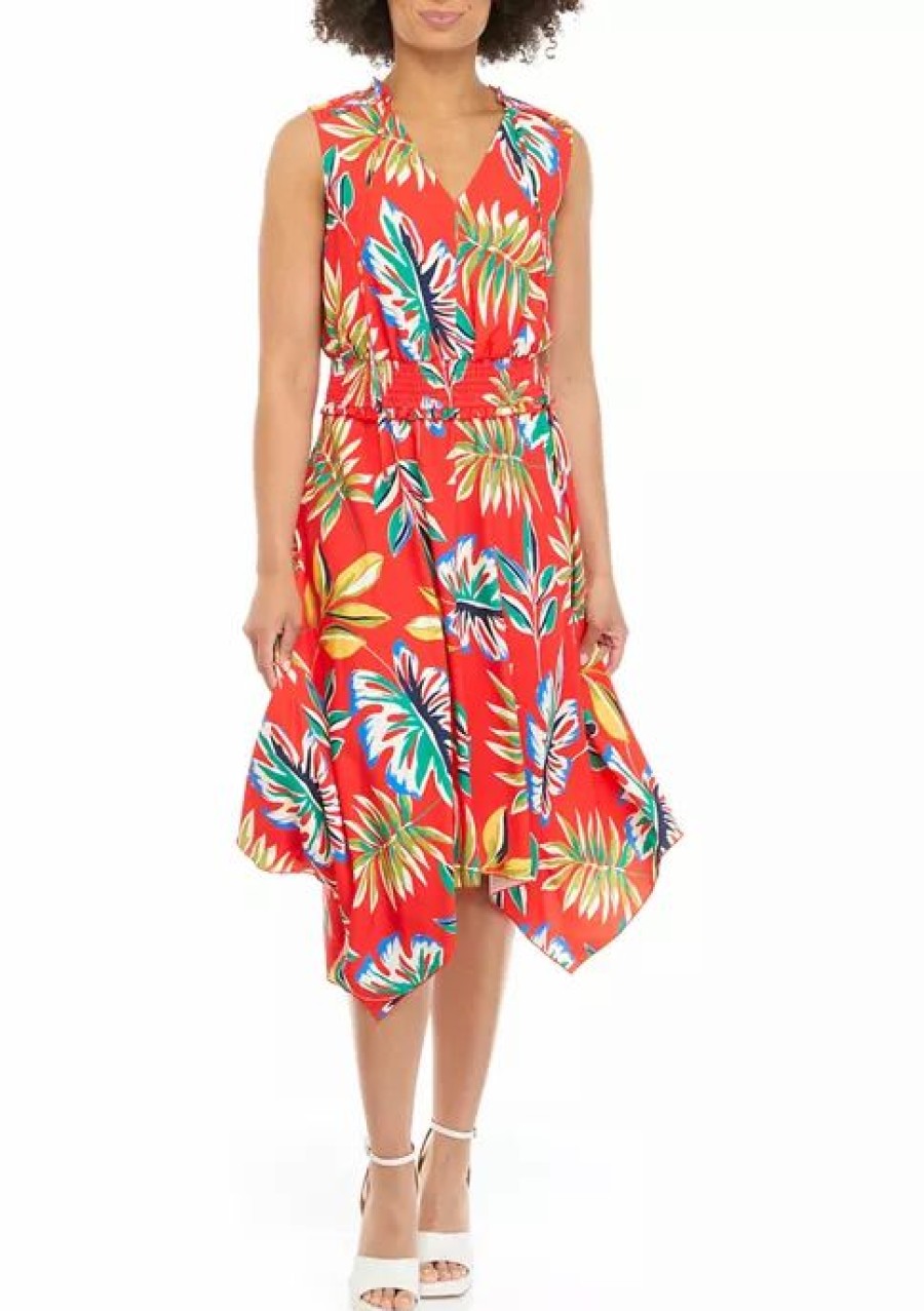 Jeans * | Cheap Sam Edelman Women'S Jungle Palm Print Handkerchief Hem Midi Dress Red Multi