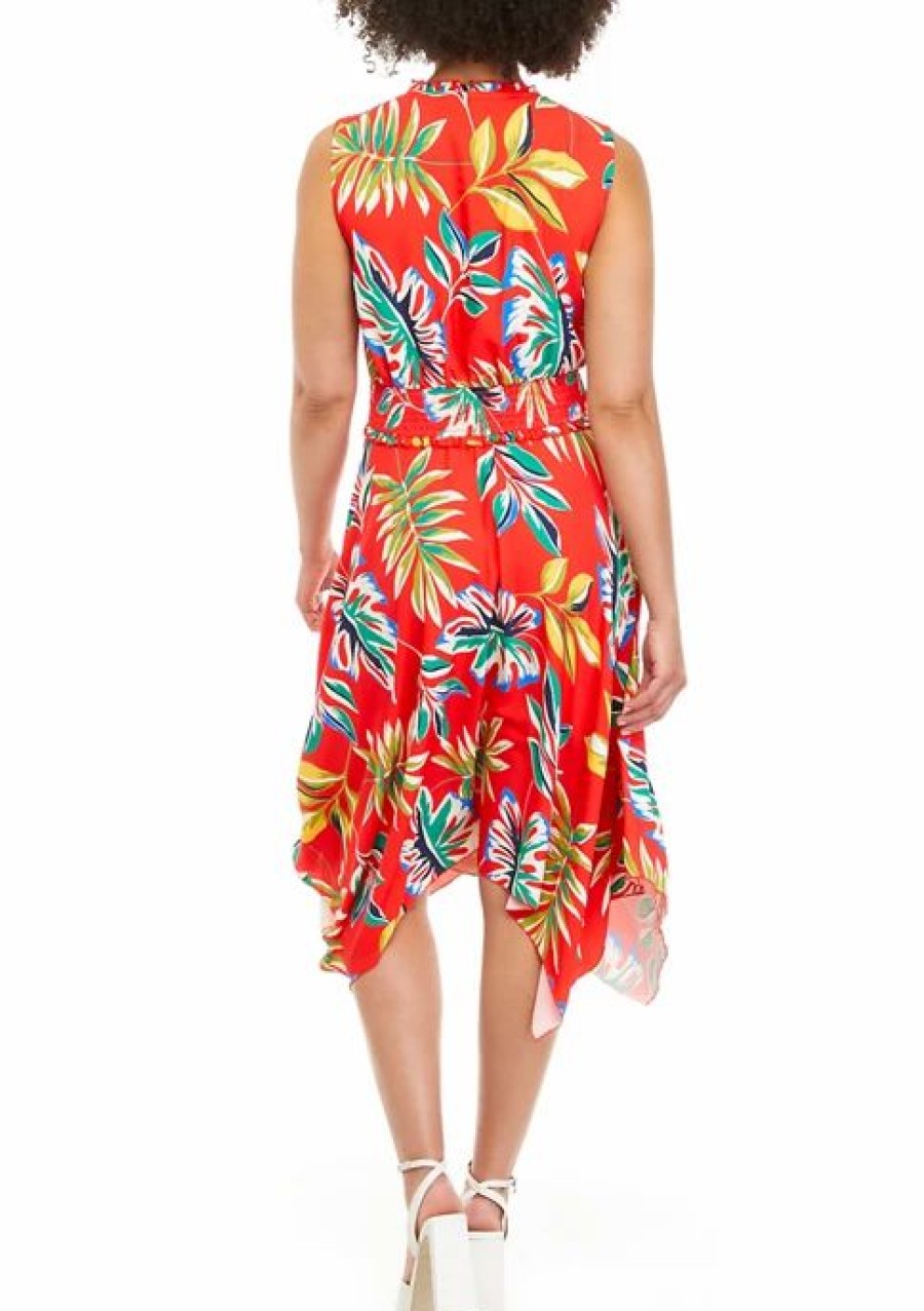 Jeans * | Cheap Sam Edelman Women'S Jungle Palm Print Handkerchief Hem Midi Dress Red Multi