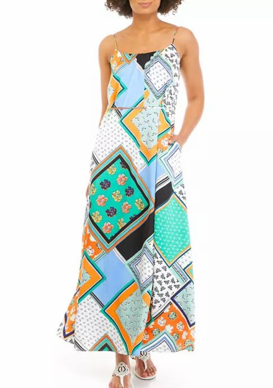 Jeans * | Budget Sam Edelman Women'S Tie Waist Mixed Scarf Print Maxi Blue Multi