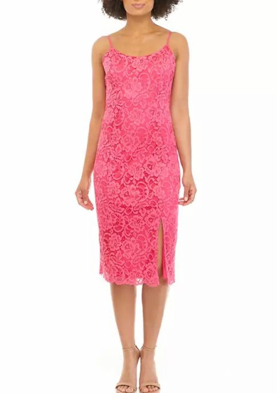 Jeans * | Cheap Sam Edelman Women'S Strappy Solid Lace Cami Midi Dress Shocking Pink