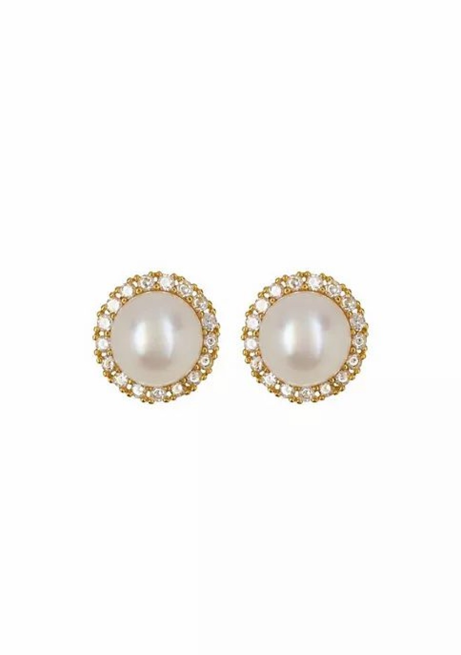 Jewelry * | Promo Adornia Freshwater Pearl Halo Earrings Yellow Gold Vermeil .925 Sterling Silver White