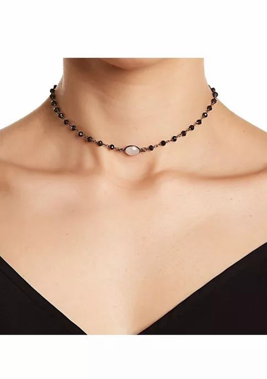 Jewelry * | Brand New Adornia 3Mm Spinel Choker Necklace Moonstone .925 Sterling Silver Black