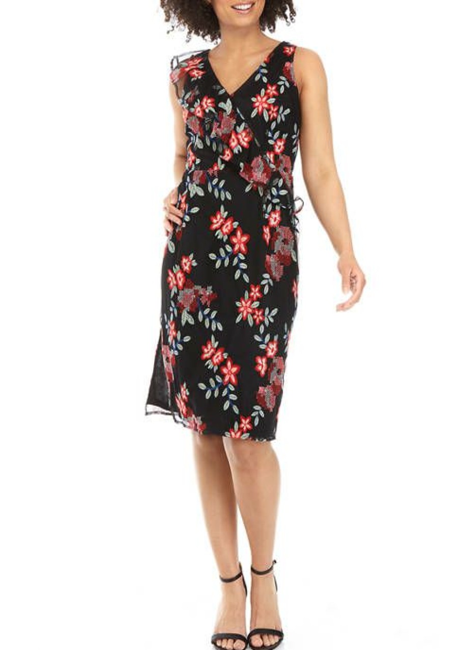 Jeans * | Cheap Sam Edelman Women'S Sleeveless Floral Print Embroidered Surplice Dress Black Multi