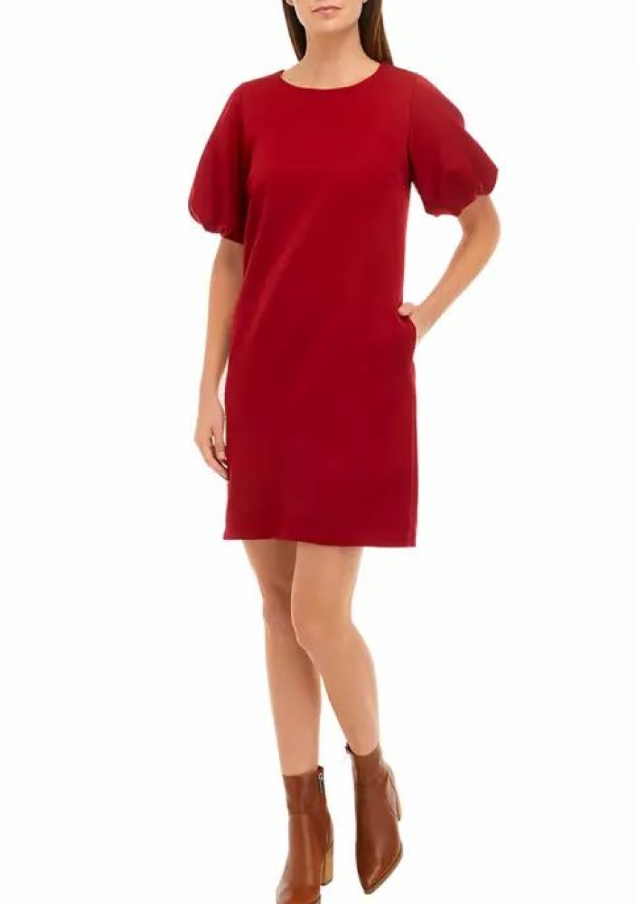 Jeans * | Best Deal Sam Edelman Women'S Short Puff Sleeve Solid Shift Dress Burgundy