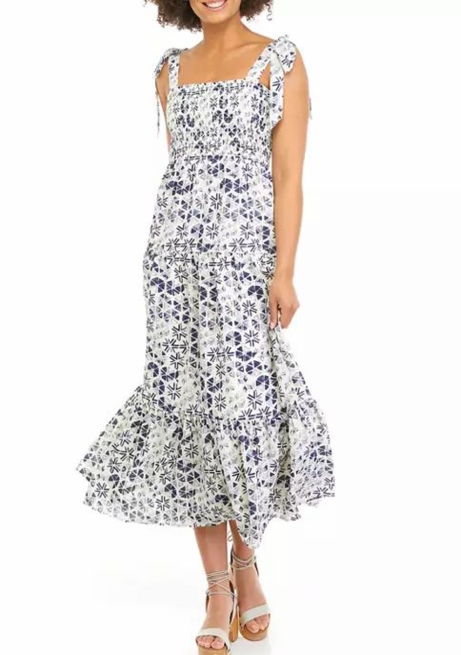 Jeans * | Brand New Sam Edelman Women'S Tile Print Smocked Maxi Blue/White