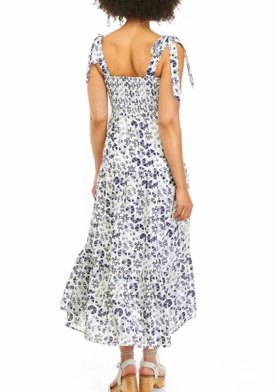 Jeans * | Brand New Sam Edelman Women'S Tile Print Smocked Maxi Blue/White