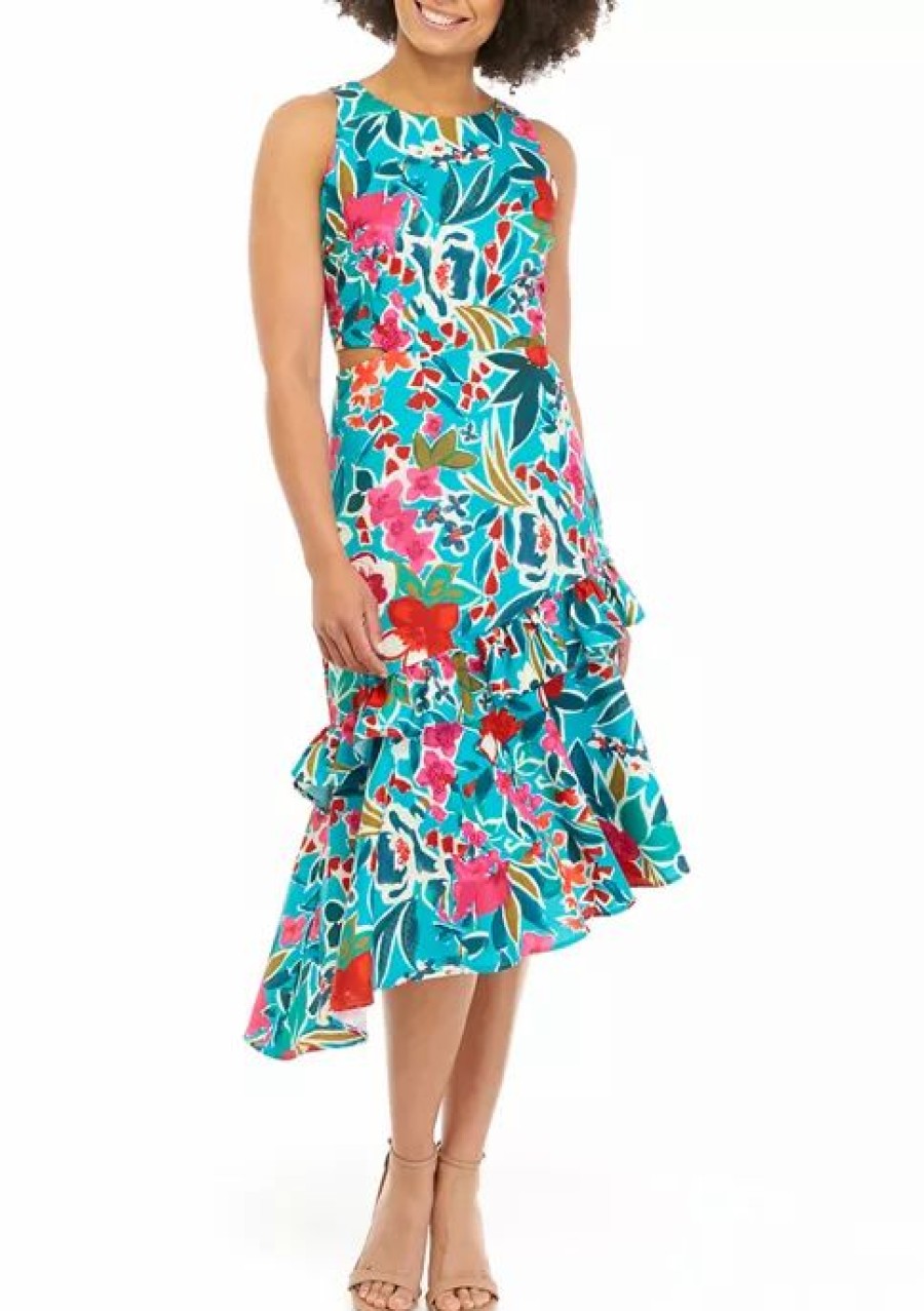 Jeans * | Brand New Sam Edelman Women'S Tropical Ruffle Hem Dress Aqua