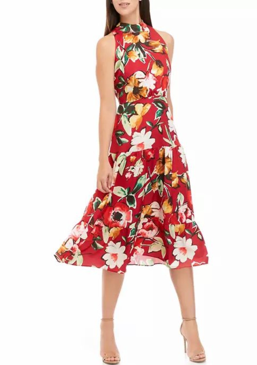 Jeans * | Best Deal Sam Edelman Women'S Sleeveless Floral Midi Dress Red Multi