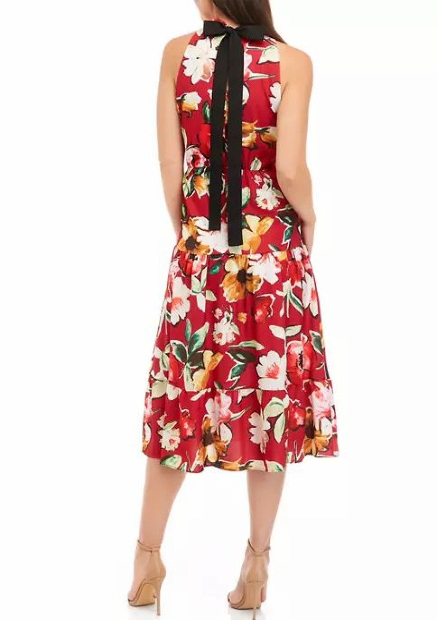 Jeans * | Best Deal Sam Edelman Women'S Sleeveless Floral Midi Dress Red Multi