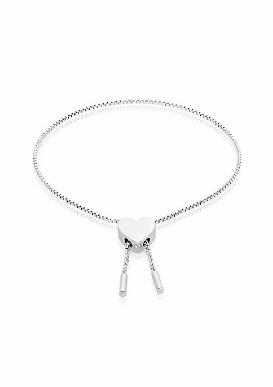 Jewelry * | Best Sale Adornia Heart Bolo Slider Bracelet White Rhodium Brass Silver