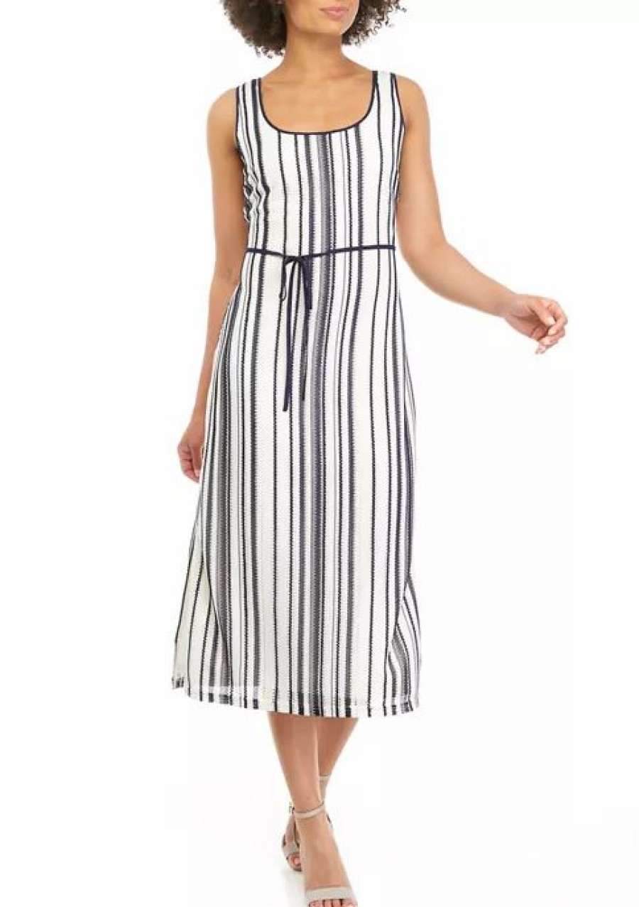 Jeans * | Best Pirce Sam Edelman Women'S Crochet Stripe Tie Waist Midi Dress Navy/Ecru