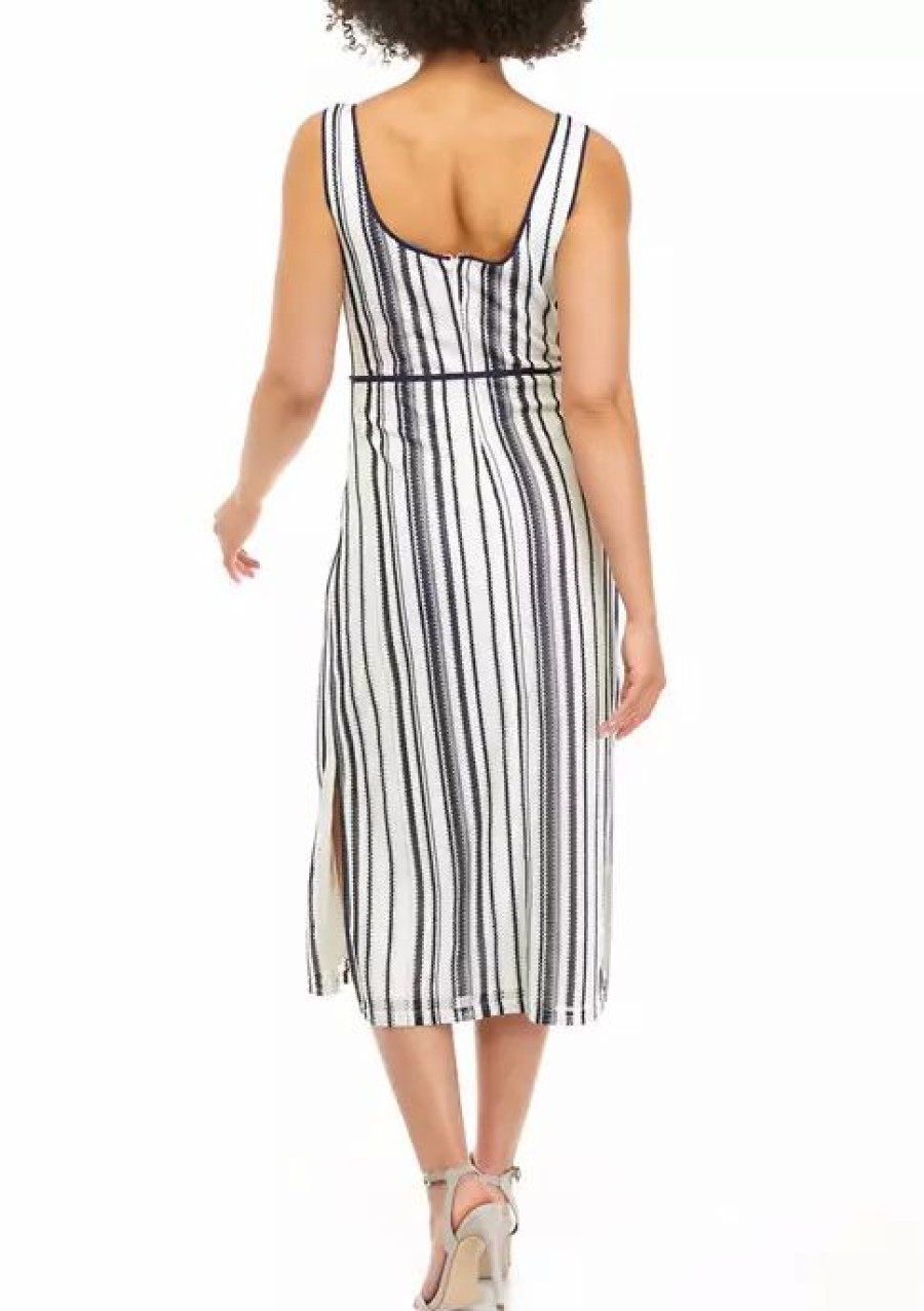 Jeans * | Best Pirce Sam Edelman Women'S Crochet Stripe Tie Waist Midi Dress Navy/Ecru