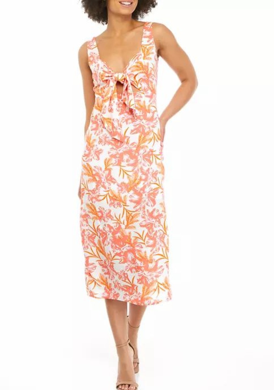 Jeans * | Best Pirce Sam Edelman Women'S Hibiscus Print Tie Front Dress Orange/White